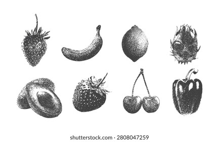 Vintage stipple fruit illustrations featuring strawberry Large Grain Photocopy Effect, for grunge punk y2k collage design