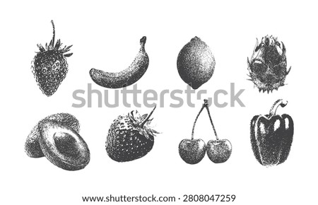 Vintage stipple fruit illustrations featuring strawberry Large Grain Photocopy Effect, for grunge punk y2k collage design