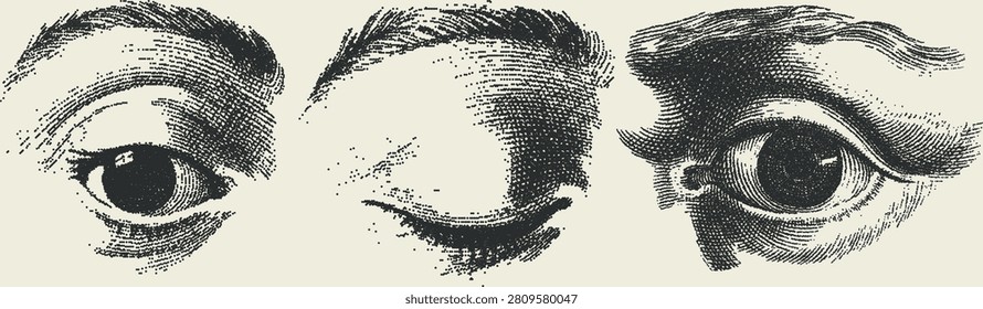 Vintage stipple illustration set of three detailed human eye close-ups in monochrome