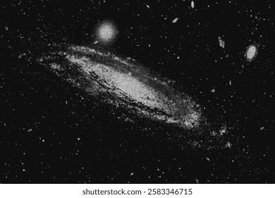 Vintage stippled background of deep space universe with stars and planets. Milky way, galaxy, nebula in abstract experimental pointillism style