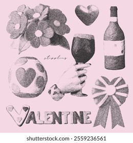 Vintage stippling elements with a retro photocopy effect. Naive valentine's day concept. Hand with wine glass, bottle, flowers and other trendy elements. Grain stippled effect . Vector dots texture.