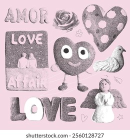 Vintage stippling elements with a retro photocopy effect. Naive valentine day concept. Heart character, angel, 3d words and other trendy elements. Grain stippled effect . Vector dots texture.