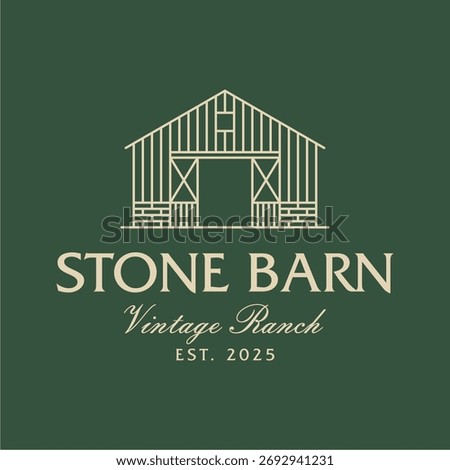 Vintage Stone Barn Logo Template. Horse Cattle Barn Farm Lineart Design
