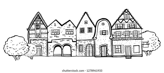 Vintage stone Europe houses. Hand drawn outline vector sketch illustration black on white background