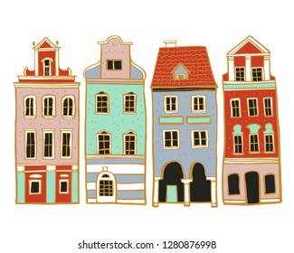 Vintage stone Europe houses. Hand drawn color  vector sketch illustration on white background