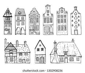 Vintage stone Europe houses. Set of old style building facades. Hand drawn outline vector sketch illustration black on white background