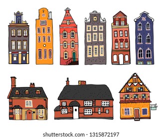 Vintage stone Europe houses. Set of old style town and village building facades. Hand drawn outline vector sketch illustration color on white background