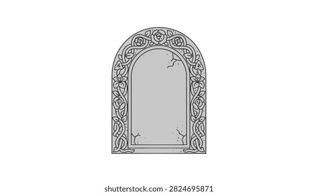 Vintage stone frame featuring intricate floral carvings and climbing roses in a decorative artistic style.