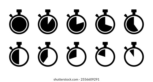 Vintage Stopwatch icon set flat style black vector isolated on white background.