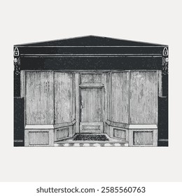 Vintage storefront illustration in black and white. Detailed, ornate design with wooden panels. Classic, nostalgic feel. Elegant, vintage, and timeless storefront. Vintage art illustration, vector.