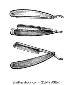 Vintage straight razor set. Ink sketch isolated on white background. Hand drawn vector illustration. Retro style stroke drawing.