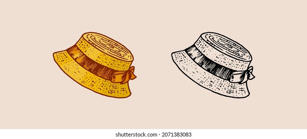 Sombrero de paja vintage para mujeres, mujeres y mujeres elegantes. Moda retro. estilo inglés. Dibujo de mano