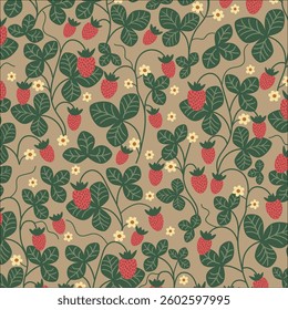 Vintage strawberries patter with leaves, seamless pattern, vector illustration. 