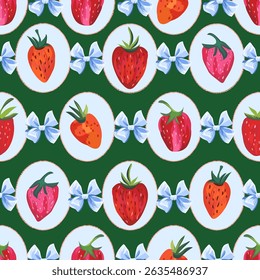 Vintage Strawberry Seamless Pattern with Ribbons and Oval Frames, Cute Fruit Background