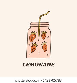 Vintage strawberry smoothie in jar lemonade. Vector retro hand drawn groovy illustration posters t-shirts and stickers