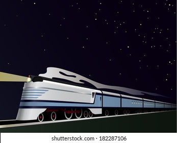 Vintage Streamlined Train Vector Illustration. Retro Style Steam Train Under Starry Night Sky.