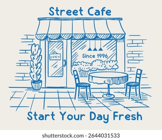 Vintage street cafe illustration  for t-shirt, poster graphic print, vintage coffee shop with table and chair sketch, Paris local food artwork. Retro vintage artwork for t-shirt, cafe poster design.
