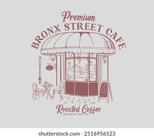 Vintage Straßencafé-Illustration mit Typografie, alte amerikanische Straßencafé-Kunst für T-Shirt, Poster-Grafik-Druck, Vintage-Café mit Tischstuhl-Skizze 