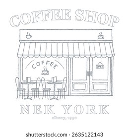 vintage street cafe illustration with typography, t-shirt design for girls, ladies, and women, vintage coffee shop with table chair sketch, old American street cafe artwork for t shirt
