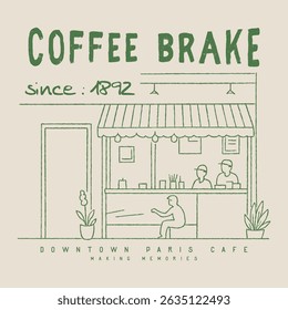 vintage street cafe illustration with typography, t-shirt design for girls, ladies, and women, vintage coffee shop with table chair sketch, old American street cafe artwork for t shirt