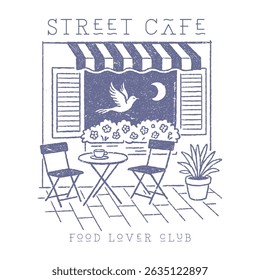 vintage street cafe illustration with typography, old American street cafe artwork for t shirt, Street cafe abstract art design. Street cafe graphic print design for t shirt, apparel, posters