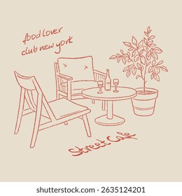 vintage street cafe illustration with typography, French street cafe with table and chairs vector sketch, Paris street cafe illustration with typography, vintage t shirt graphic print design