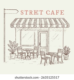 Vintage street cafe illustration with typography for t-shirt, poster graphic print, vintage coffee shop with table and chair sketch, Paris local food artwork. Retro vintage artwork for t-shirt