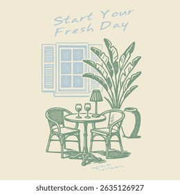 Vintage street cafe illustration with typography for t-shirt, poster graphic print, vintage coffee shop with table and chair sketch, Paris local food artwork. Retro vintage artwork for t-shirt