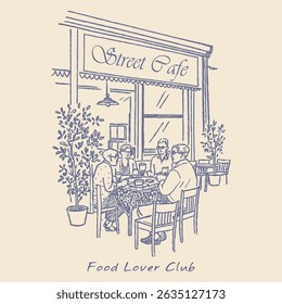 Vintage street cafe illustration with typography for t-shirt, poster graphic print, vintage coffee shop with table and chair sketch, Paris local food artwork. Retro vintage artwork for t-shirt