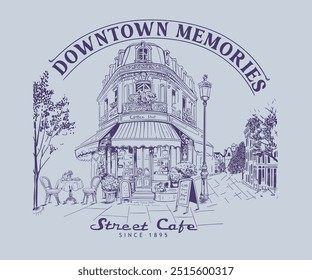 Vintage Street Cafe Vektorgrafik, Altstadt-Café ohne Menschen-Skizze, Europäische Reise-Kunstwerk für T-Shirt, Poster, grafischer Druck 