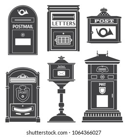 Vintage street english post boxes and mailboxes icons. Outline monochrome classic mail letterboxes with envelope and horn symbols. Mailing and correspondence receiving logo templates.