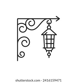 Vintage-Straßenlampe oder Kerzenleuchter-Leuchtsymbol, Vektorinnenbeleuchtung oder Außenbeleuchtung. Schmiedeeisen-Schmiedelampe mit rotem Scona für den Innenbereich oder für antike elektrische Beleuchtung