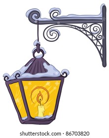 Vintage street lamp glowing in the snow, hanging on a decorative bracket Vector