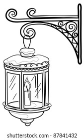 Vintage street lamp glowing in the snow, hanging on a decorative bracket. Contours. Vector