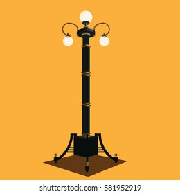 Vintage street lamp. Vector illustration. Beautiful single standing lamp for lighting of streets, parks and boulevards