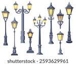 Vintage street lamps. Old city park light sources, cast iron forging elements, retro style gas lanterns, classic illumination gothic style, cartoon flat isolated illustration, decent vector set