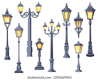 Vintage street lamps. Old city park light sources, cast iron forging elements, retro style gas lanterns, classic illumination gothic style, cartoon flat isolated illustration, decent vector set