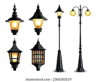 Vintage street lanterns and lampposts realistic set isolated on white background vector illustration