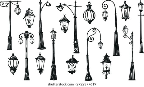Vintage-Straßenlaternen, Vektorsatz einzeln auf transparentem Hintergrund. Lampenpfosten Silhouetten handgezeichnete Skizze Illustration. Retro-Kunst für Hochzeitseinladungen, Poster, Karten.