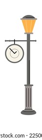 Vintage street light with clock flat icon Outdoor lamp. Vector illustration