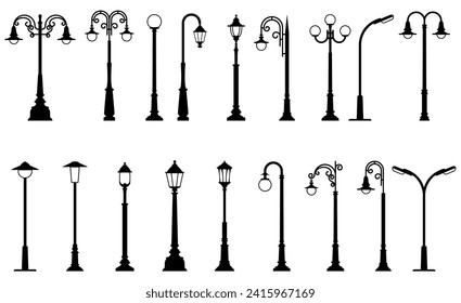 Vintage street light posts set, old street lamp posts, sidewalk lantern, vector