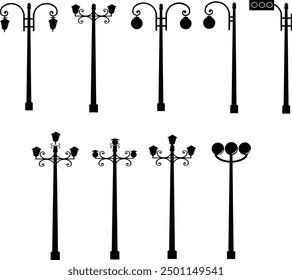 Vintage street light posts set, old street lamp posts, sidewalk lantern, vector