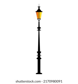 Vintage street light with yellow orange light. Lamppost Street Lamp Isolated on White Background Vector Illustration
