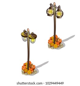 Vintage street lights decorated with buds of orange flowers isolated on white background. The idea of landscape design garden or floor lamp in the interior. Vector cartoon close-up illustration.