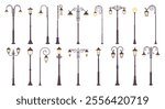 Vintage street lights. Flat decorative lights for sidewalk or urban boulevard. City or town landscape lighting elements, lamp posts racy vector set