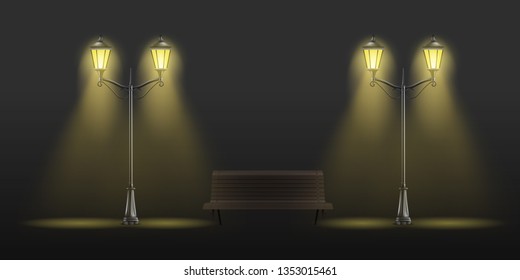 Vintage street lights glowing with yellow light and wooden bench 3d realistic vector set isolated on black background. Retro architecture design elements Victorian era lamppost, lantern illustration