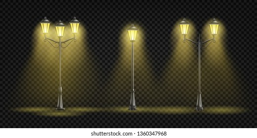Vintage street lights glowing with yellow light 3d realistic vector set isolated on transparent background. Retro architecture design elements collection Victorian era lamppost, lantern illustration