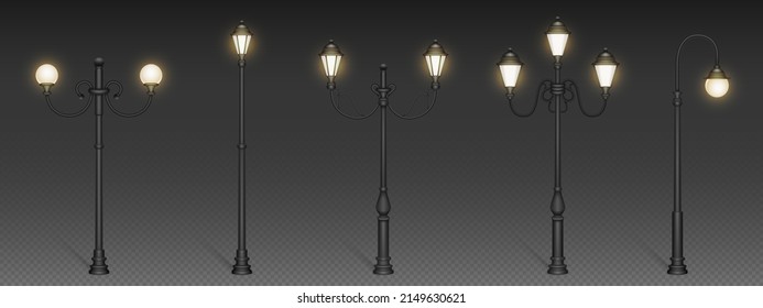 Vintage street lights, retro lampposts for urban lighting. City architecture design objects with luminous glowing lamps on steel poles isolated on transparent background Realistic 3d vector mockup set