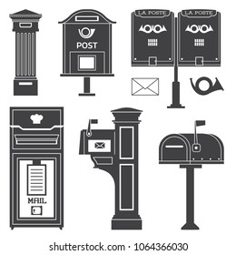 Vintage street mail post boxes and mailboxes icons. Outline monochrome letterboxes with envelope and horn symbols. Mailing and correspondence receiving logo templates.