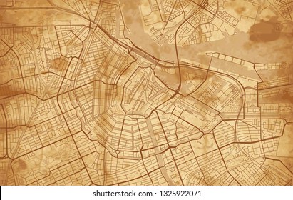 Vintage Street map of the city of Amsterdam on a ruined parchment background